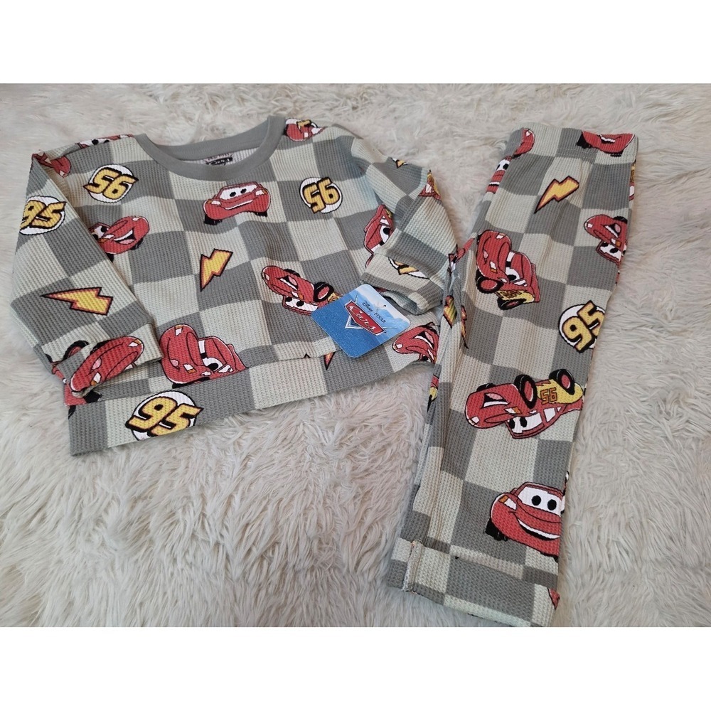 Disney Pixar Cars Lightning McQueen Checkered Waffle Thermal Pajama Set 24M NWT